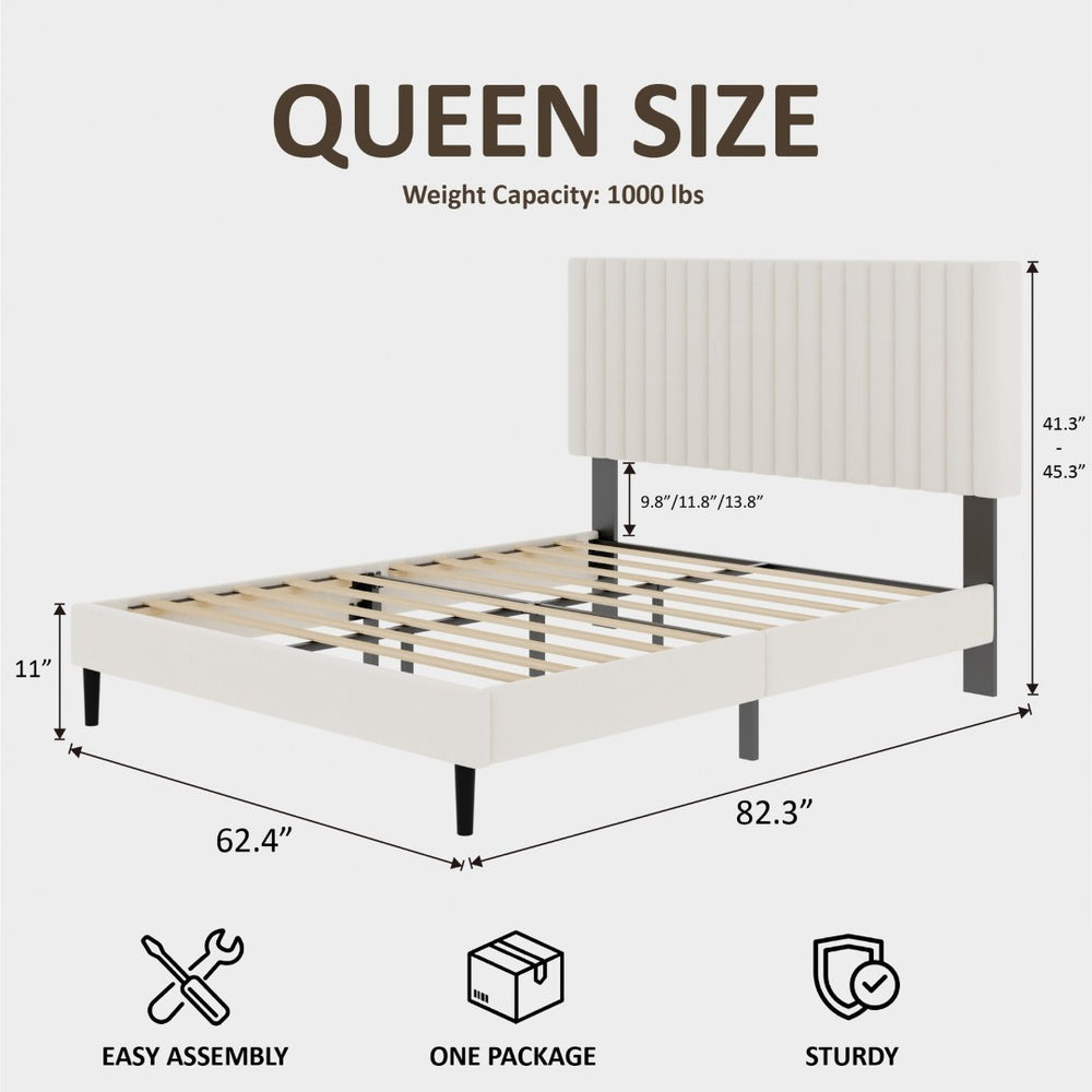 English Elm Queen Velvet Tufted Platform Bed Adjustable Headboard Steel Frame No Box Spring Beige W5239P502685