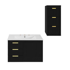 English Elm 30" Bathroom Vanity with Sink — Wall-Mounted Ceramic Basin, Soft-Close Storage, Floating Modern Design Black N710S324096B