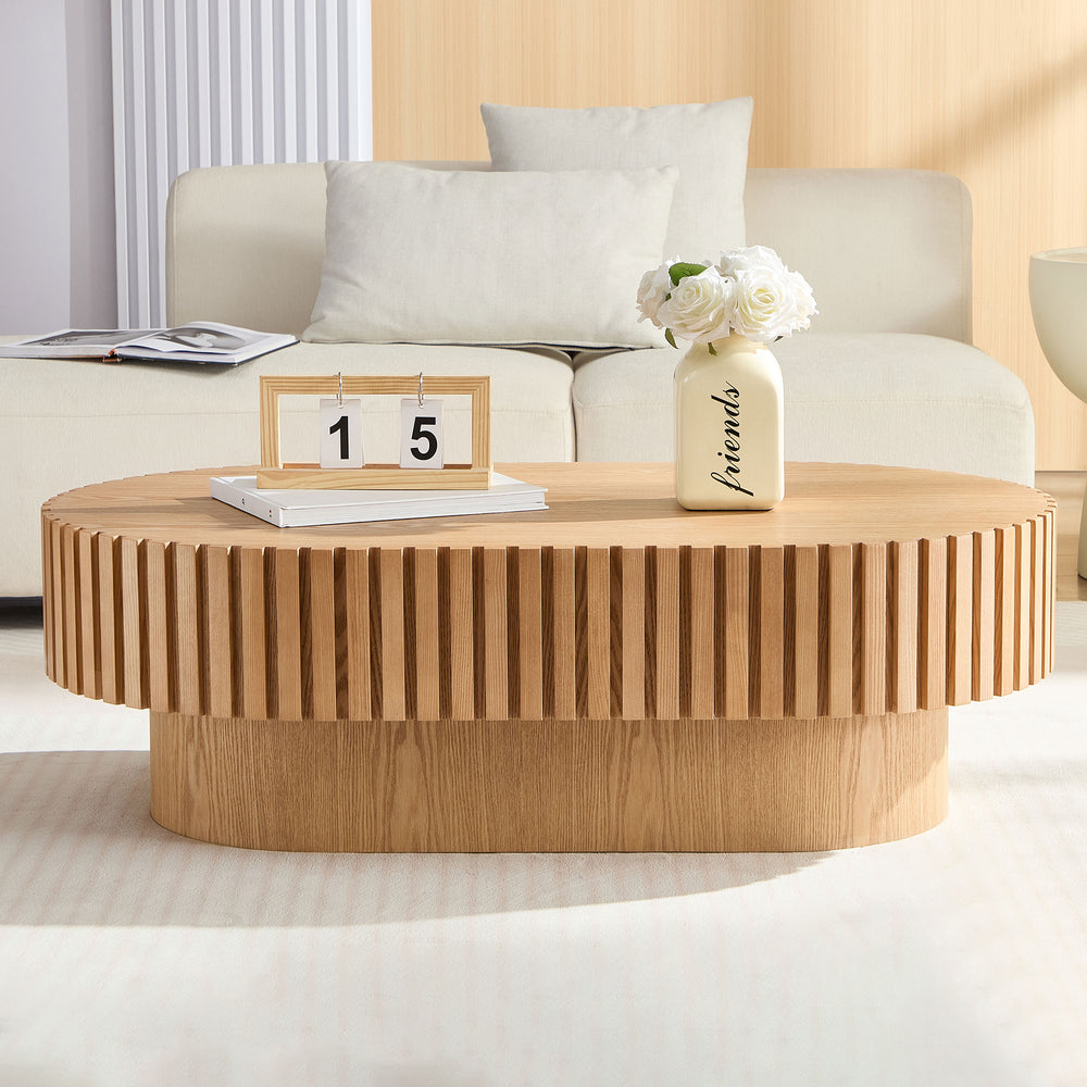 English Elm 43.70Inch Oval Drum Coffee Table — Modern Handcrafted Ash Finish, Sturdy MDF Pedestal, Compact Elegance W2582P250631