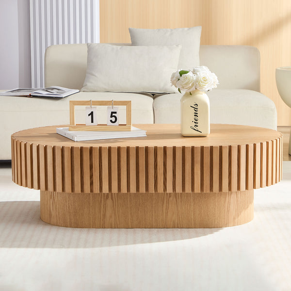English Elm 43.70Inch Oval Drum Coffee Table — Modern Handcrafted Ash Finish, Sturdy MDF Pedestal, Compact Elegance W2582P250631