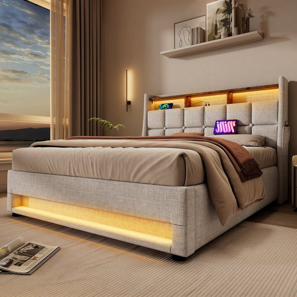 English Elm Full Upholstered Platform Bed with Hydraulic Storage, LED Lighting, USB Ports, Linen Wood Metal Design Natural AA20690708B