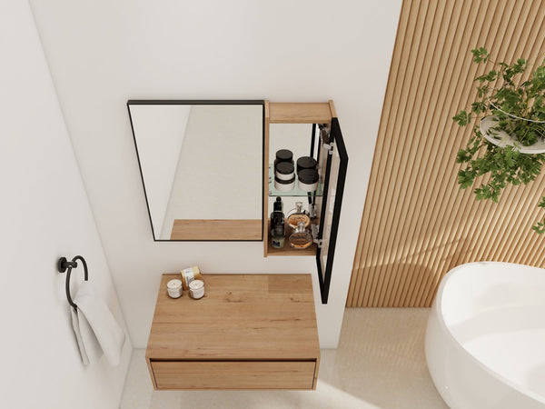 English Elm 30'' Wall Mounted Mirror Cabinet Black Aluminum Acrylic Door Floating Bathroom Storage W999S00538