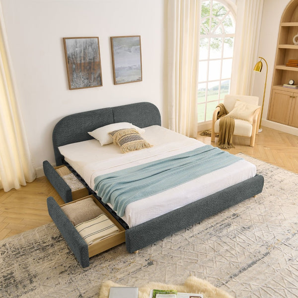 English Elm Queen Platform Bed Curved Headboard Circle Yarn Fabric with Four Wheeled Storage Drawers Dark Gray W487S00479