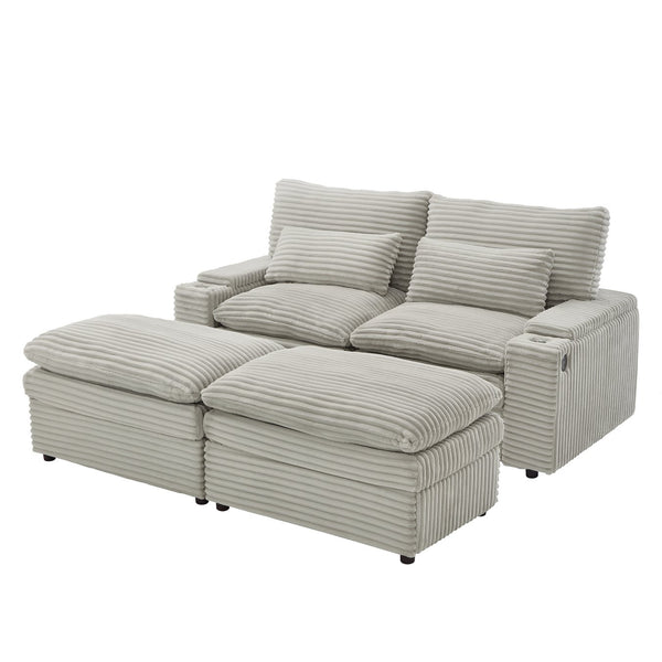 English Elm Loveseat Convertible Sectional Sofa Bed with Storage, Two Ottomans, Dual USB Ports & Cup Holders Grey N719S002140E