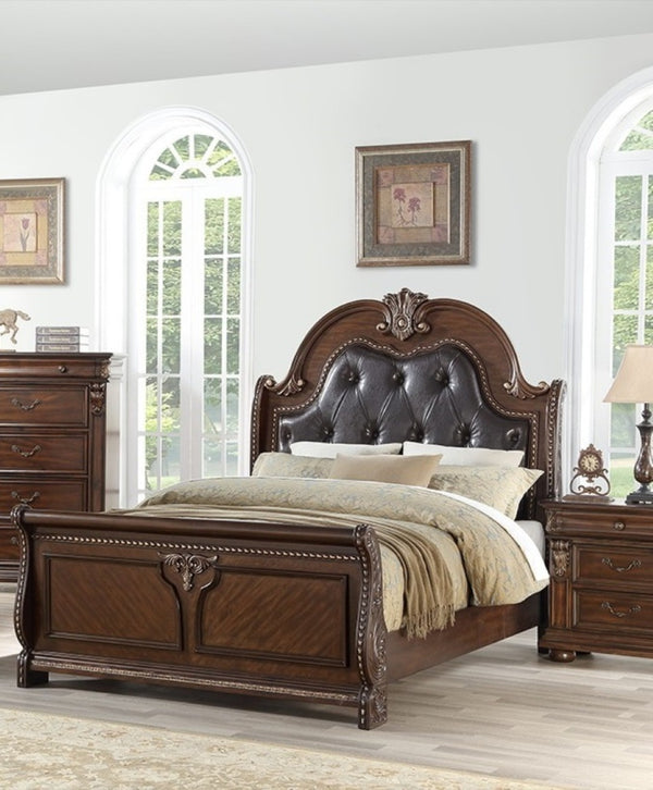 English Elm Traditional California King Bed Carved Faux Leather Tufted Headboard Dark Brown Frame B011S02131