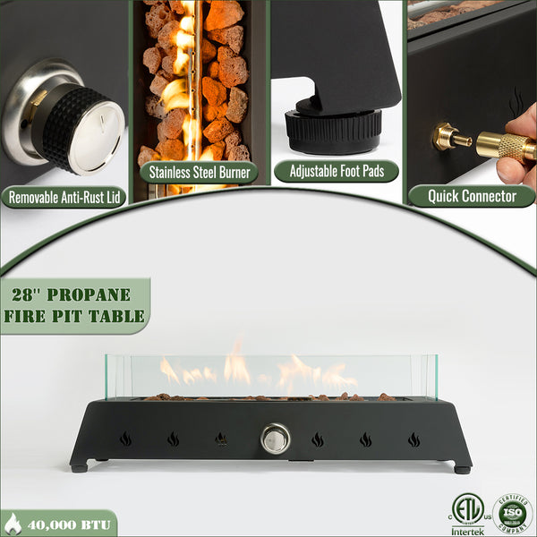 English Elm 28" Portable Fire Pit 50,000 BTU Propane Tabletop with Glass Wind Guard Lava Rocks Steel Burner W853P143553