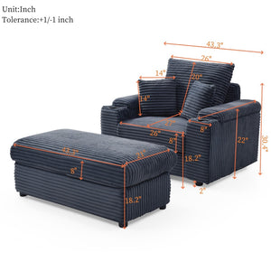 English Elm Oversized Corduroy Accent Chair with Ottoman Neck Pillow and Wide Armrests for Cozy Reading Dark Grey W1117S00249