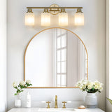 English Elm 4-Light Golden Bathroom Vanity Light Fixture, Frosted Glass Shades, Modern Wall Mounted Lighting (No Bulbs)