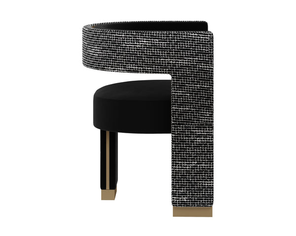 Sunpan Adamina Dining Armchair - Stylish Three-legged Design With Gold Accents In Abbington Black & Hobbes Night Black Fabric 112127