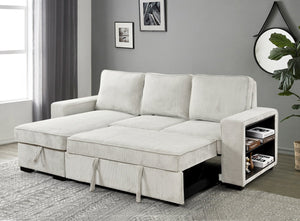 English Elm Modern Pull Out Sofa Bed with Storage Chaise, Convertible L-Shaped Sectional with USB Port and Cup Holder for Living Room — Comfortable Sleeper for Guests Beige W1417S00117