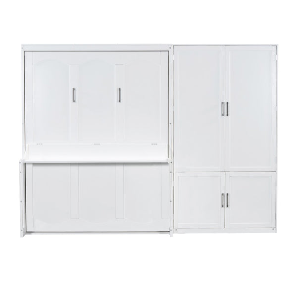 English Elm Queen Murphy Bed with Wardrobe Cabinet Hydraulic Lift Mdf Space Saving Wall Unit White LP000581AAK