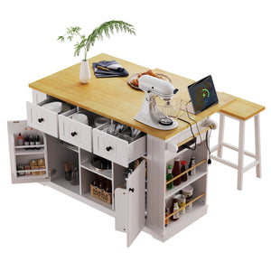 English Elm K&K 53" Large Kitchen Island Cart with Power Outlet, Drop Leaf, Soft-Close Doors, Rolling Storage White N707P185531W