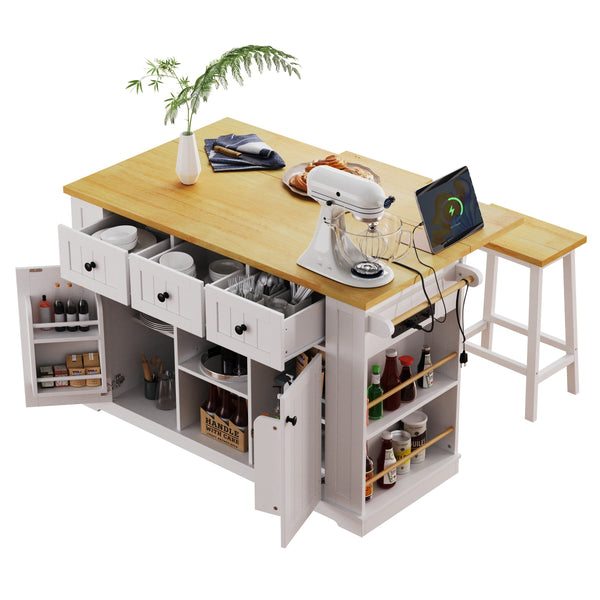 English Elm K&K 53" Large Kitchen Island with 2 Stools, Built-In Power Station, Wheels, Drop Leaf & Ample Storage White N707S000007W