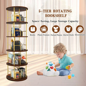 English Elm 5 Tier Rotating Bookshelf Tower with 360° Spin, Space-Saving Corner Display, Modern MDF Storage Unit Golden W3204P354235
