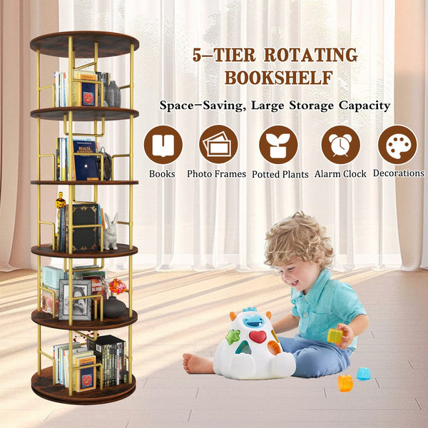 English Elm 5 Tier Rotating Bookshelf Tower with 360° Spin, Space-Saving Corner Display, Modern MDF Storage Unit Golden W3204P354235