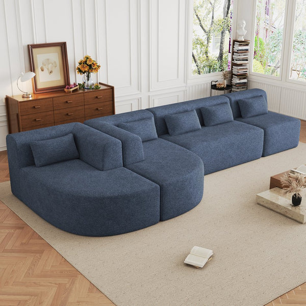 English Elm 144" Upholstered L-Shape Sofa with Bouclé Fabric, Plush Pocket-Spring Seats & Five Pillows for Living Room Blue N719S001850C