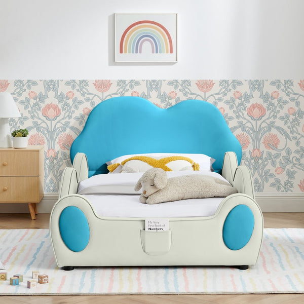 English Elm Twin Cloud Shaped Toddler Bed Upholstered Pu Leather with Guardrails and Storage Pocket Beige,Blue W1413S00187