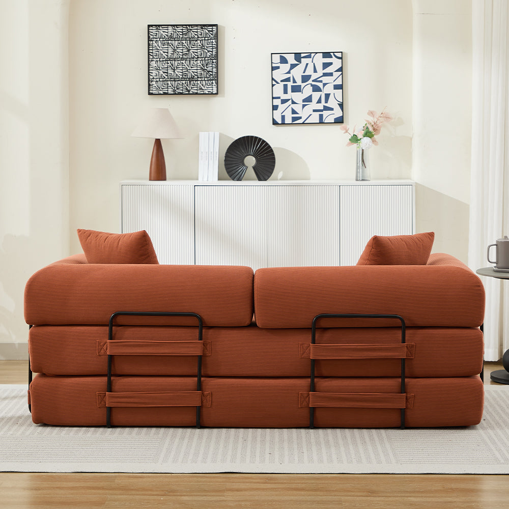 English Elm Folding Corduroy Sofa Bed 78.5" Convertible 3-Seater to Bed with 2 Pillows, No Assembly, Orange W2915P391458
