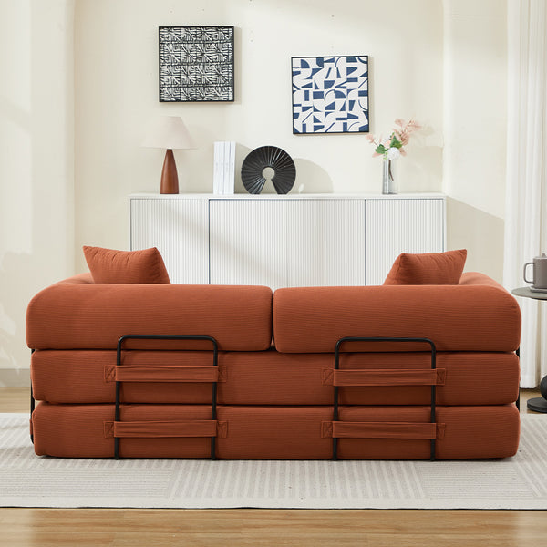 English Elm Folding Corduroy Sofa Bed 78.5" Convertible 3-Seater to Bed with 2 Pillows, No Assembly, Orange W2915P391458