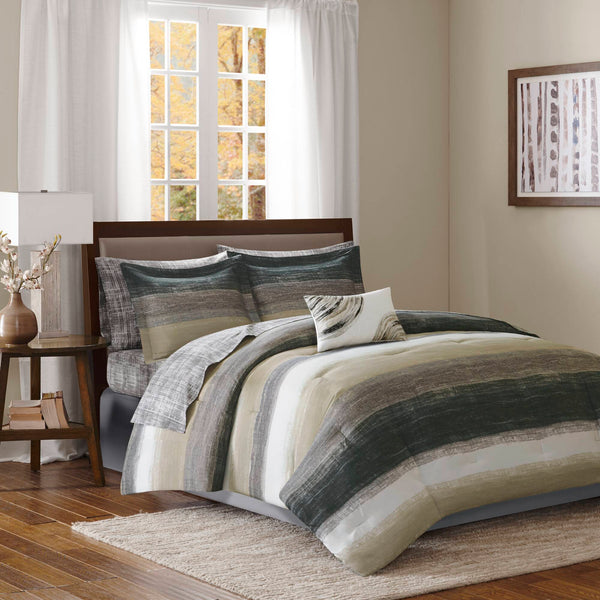 JLA Home Madison Park Essentials - 9 Modern Watercolor Stripe Comforter Set with Cotton Sheets, OEKO‑TEX, Antimicrobial, Plush & Breathable MPE10-167
