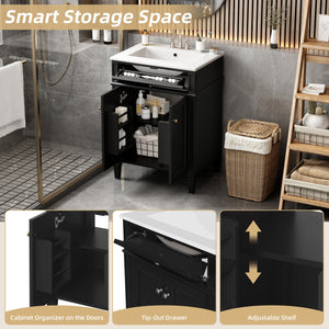 English Elm 24" Bathroom Vanity with Ceramic Basin, French-Inspired Accent Carvings, Soft-Close Doors & Storage Black N710P293309B