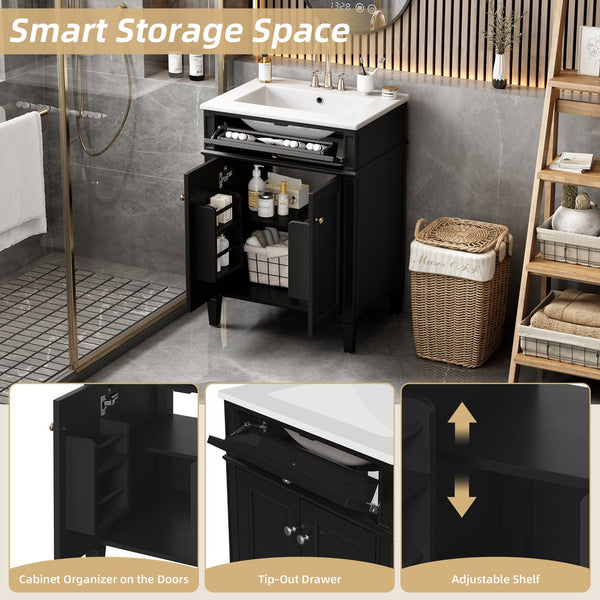 English Elm 24" Bathroom Vanity with Ceramic Basin, French-Inspired Accent Carvings, Soft-Close Doors & Storage Black N710P293309B