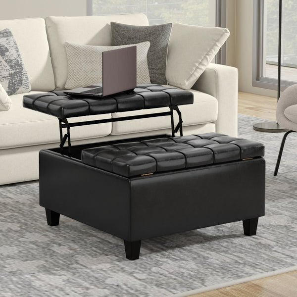 English Elm Harrison Square Lift-top Storage Ottoman in Vegan Leather for Compact Living Rooms Black B136P254716