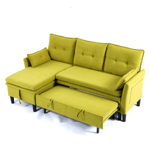 English Elm L-Shaped Reversible Chaise Sectional Sofa with Storage and Fold-Out Bed Cotton-Linen Modern Design Green W3371S00026