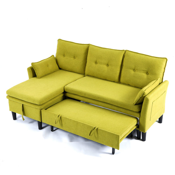 English Elm L-Shaped Reversible Chaise Sectional Sofa with Storage and Fold-Out Bed Cotton-Linen Modern Design Green W3371S00026