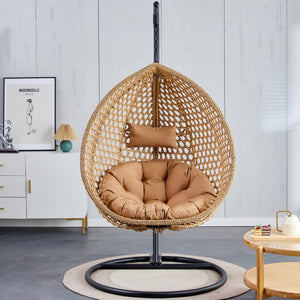 English Elm 76.8-inch Hand Woven Rattan Egg Swing Chair Indoor Outdoor with Cushion Lumbar Pillow Yellow W1512P498594