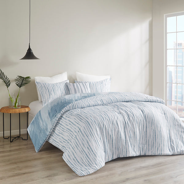 JLA Home N Natori - 4 Oversized Reversible Seersucker Comforter Set with Brushstroke Design, Plush Fill, Breathable Finish 96 L x 110 W x 1.5H NS10-3706