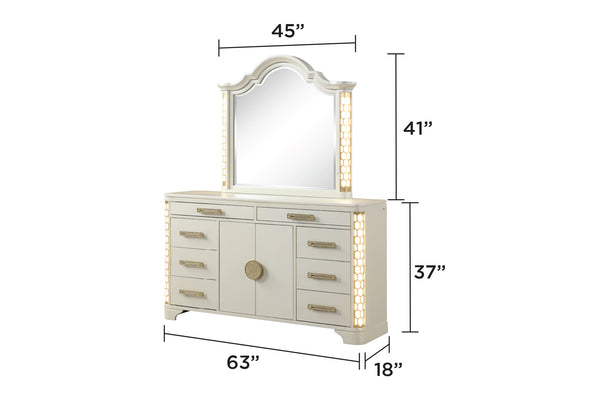 English Elm Jasmine Queen 4Pc LED Bedroom Set - Champagne Tufted Headboard, Gold Accents, 8-Drawer Dresser, Mirror B009S01988