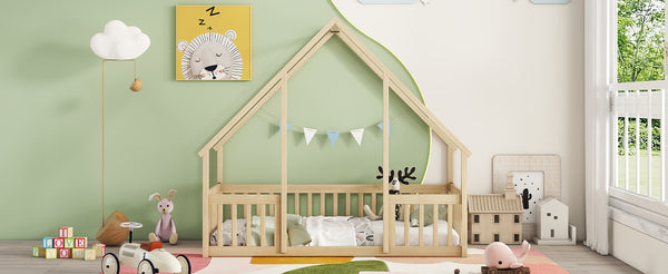 English Elm Twin Wood House-Shaped Floor Bed with Fence and Guardrails – Playful Pine Frame for Imaginative Kids Retreat Natural W504P143291