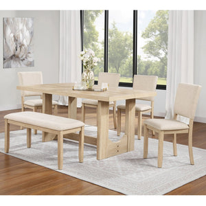 English Elm 6 Piece Light Oak Dining Set with Bench Upholstered Linen Chairs U-shaped Base W1998S00094