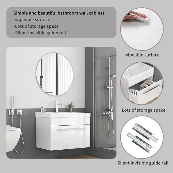 English Elm 24-Inch Bathroom Vanity With Sink Combo - Modern Wall-Mount Design, Soft-Close Drawer & Glossy Finish W3151S00059
