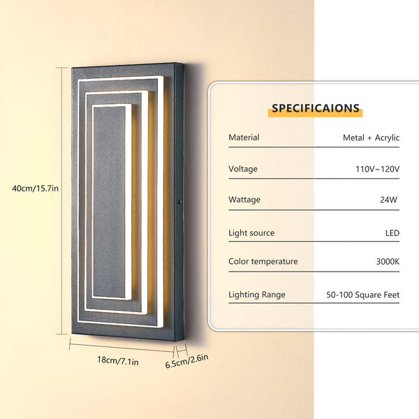 English Elm 3-Tier 15.7 in Outdoor Wall Light Modern Black LED Sconce 3000K Waterproof Metal Exterior Fixture W2312P389972