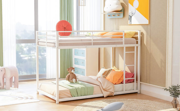 English Elm Twin Over Twin Metal Bunk Bed Low Profile with Full Guardrail Ladder Quiet Steel Frame Sturdy Support White MF285535AAK