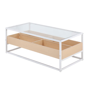 English Elm Display Modern Coffee Table With Tempered Glass Top, White Metal Frame & Natural Wood Storage Compartment B202P223306