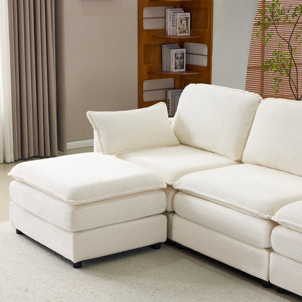 English Elm 104" Plush Cloud Modular 3-Seater Sofa with Ottoman, Beige Corduroy, High-Resilience Foam Comfort W1829S00063