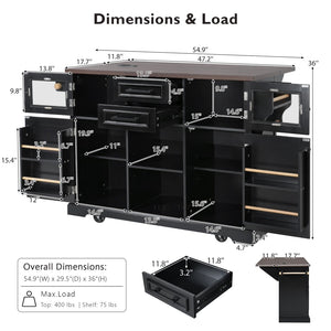 English Elm K&k Farmhouse Rolling Kitchen Island with Barn Doors Power Outlet and Drop Leaf Black N707S300277B