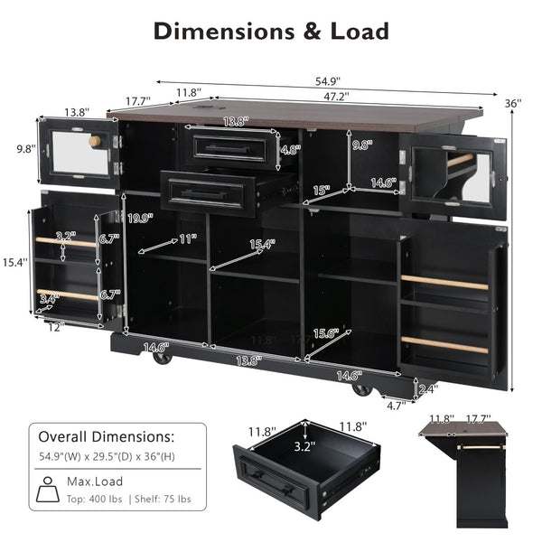 English Elm K&k Farmhouse Rolling Kitchen Island with Barn Doors Power Outlet and Drop Leaf Black N707S300277B