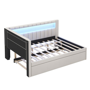 English Elm Upholstered Full Platform Bed with Trundle, Built-In USB Ports & LED Accent, Linen Upholstery White DL001925AAK