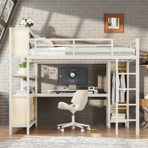 English Elm Metal Queen Loft Bed With L-Shaped Desk, Wardrobe & Storage Cubes - Perfect For Small Spaces! W1580S00183