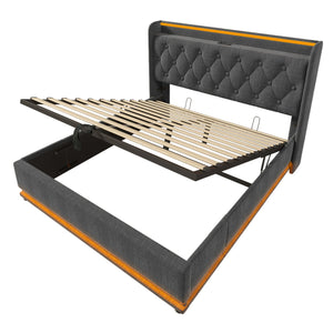English Elm Queen Upholstered Bed with Surround LED, App/Remote Control, Hydraulic Storage, USB Type-C Charging Gray N736P188807G