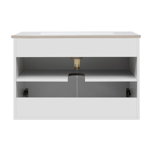 English Elm 30" Vintage Bathroom Vanity with Ceramic Sink — Wall-Mount MDF & Solid Wood Cabinet, Storage, Sleek Finish White N710P214100K