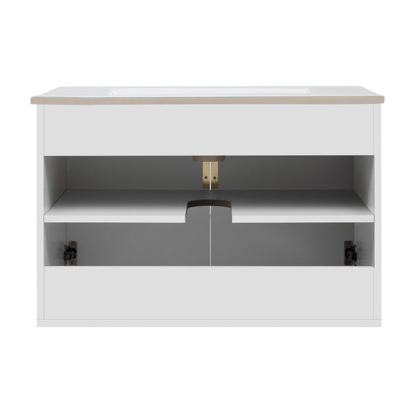 English Elm 30" Vintage Bathroom Vanity with Ceramic Sink — Wall-Mount MDF & Solid Wood Cabinet, Storage, Sleek Finish White N710P214100K