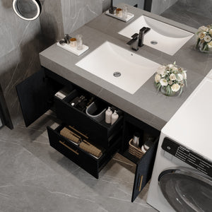 English Elm 39.4 Modern Floating Bathroom Vanity with Armani Grey Sintered Stone Top, Ceramic Sink & Storage Elegance W3136S00024