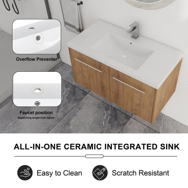 English Elm 36 Inch Floating Bathroom Vanity with Resin Sink, Soft-Close Doors, KD Pack, Modern Storage Design W999P188200
