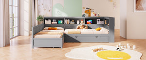 English Elm Wood Twin L-shaped Platform Bed Trundle Shelves Charging Station Kids Room Grey N7090001045E-1