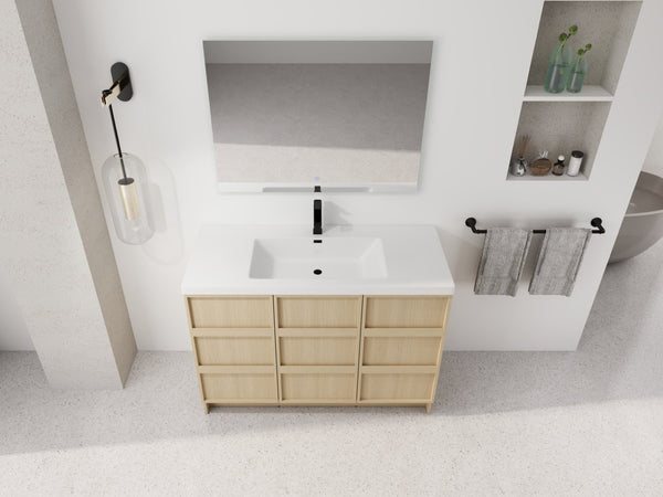 English Elm 48" Floating Bathroom Vanity Dual Ceramic Vessel Sinks Oak Finish Soft Close Doors W999S00511